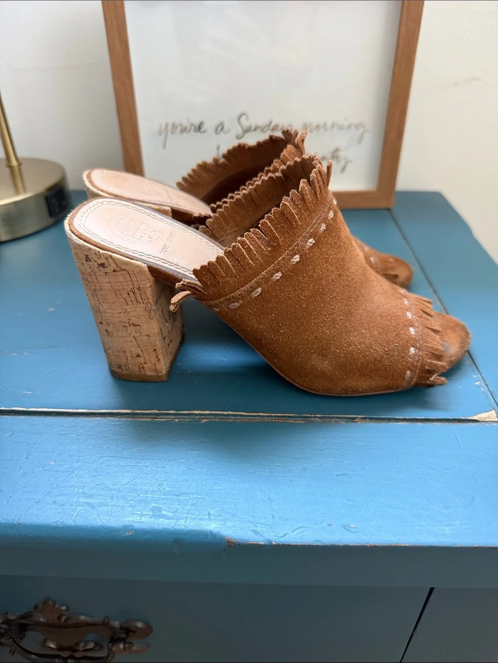 Tory Burch Chestnut Suede Fringe Slide Sandals